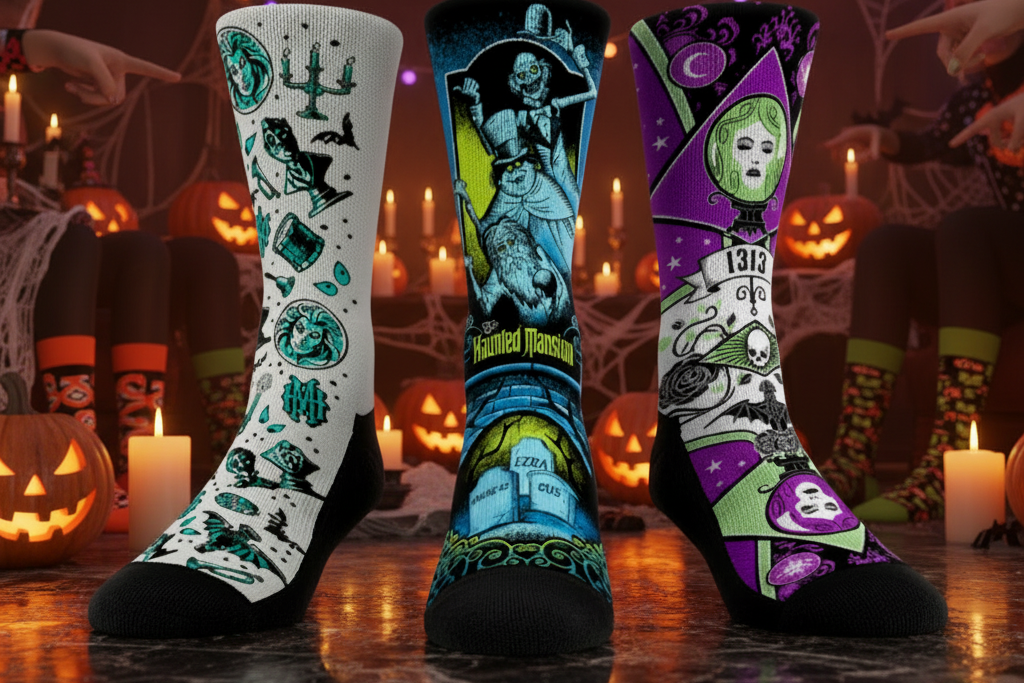 Three crew socks with spooky gothic illustrations shown side by side on a plain white background. The left sock is white with teal and black horror-themed graphics; the middle sock is black with blue, yellow, and gray gothic artwork; the right sock is black and purple with green and white gothic artwork.