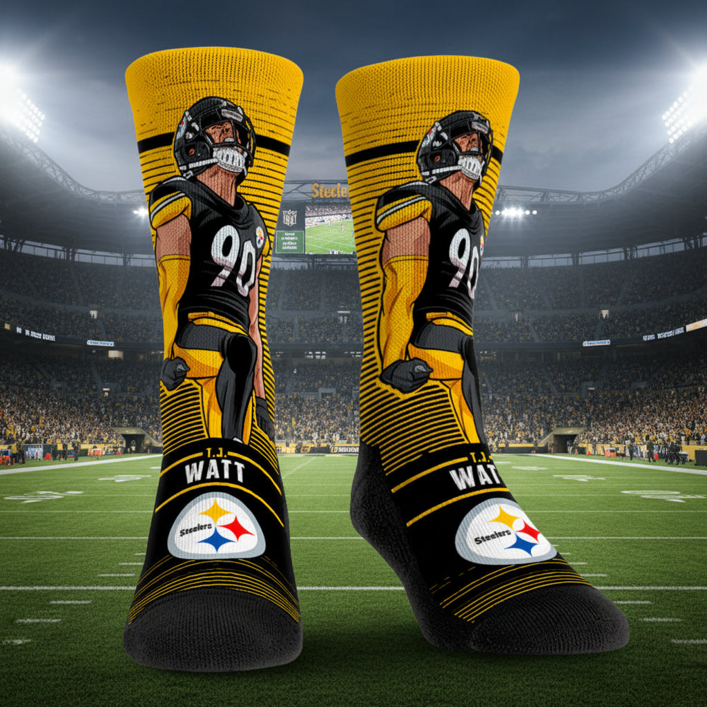 Pair of socks with a football player design and team logos on a white background
