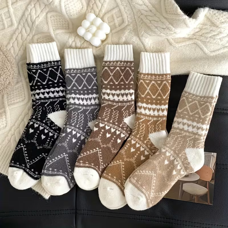 SkyWaves Women's Thermal Ethnic Rhombus Pattern Winter Socks – Cozy Fluffy Mid-Calf | 5-Pack