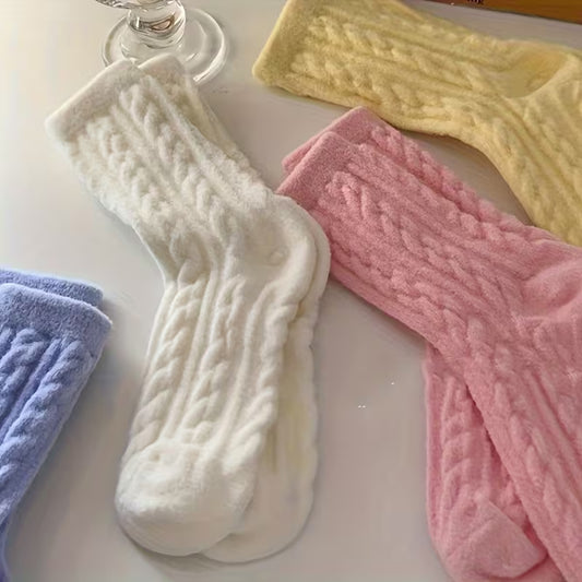 SkyWaves Women's Warm Thickened Plush Sleep Socks – Candy Colors Mid-Calf | 5-Pack