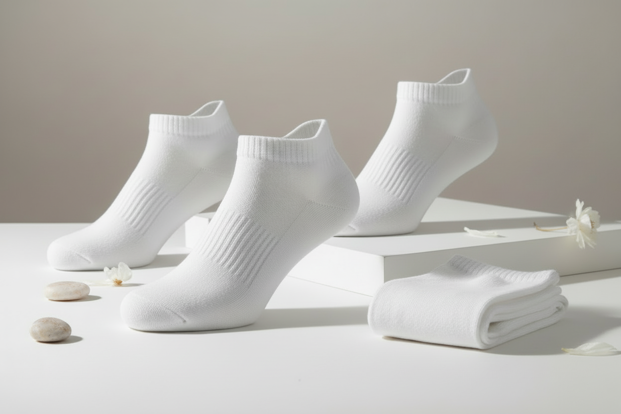 White ankle socks with a brand logo on a light gray background