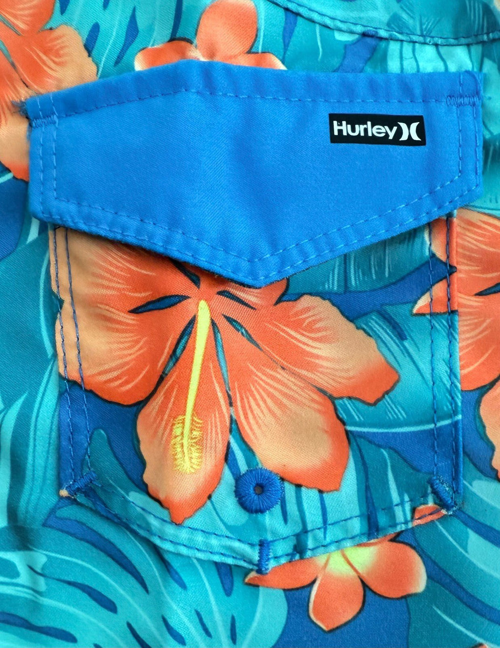 Boys Swim Shorts, Blue, Hawaiian style floral. by Hurley Size 4 - SkyWaves