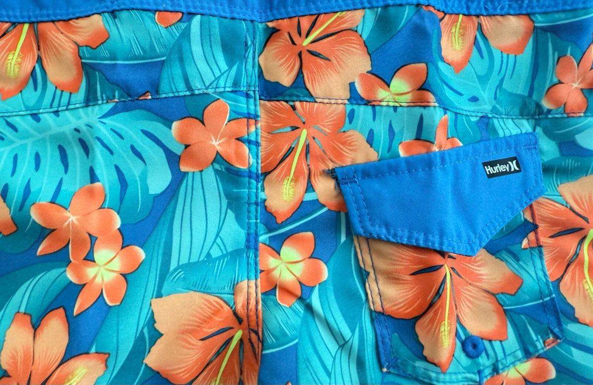 Boys Swim Shorts, Blue, Hawaiian style floral. by Hurley Size 4 - SkyWaves