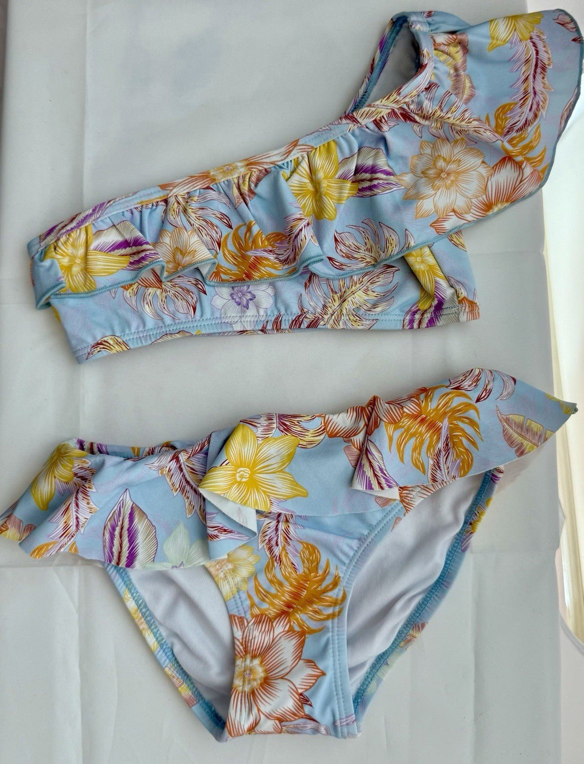 Girls BohoTropical One Shoulder Bikini,Toddler, Floral with Ripples swim - ware. - SkyWaves