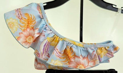 Girls BohoTropical One Shoulder Bikini,Toddler, Floral with Ripples swim - ware. - SkyWaves