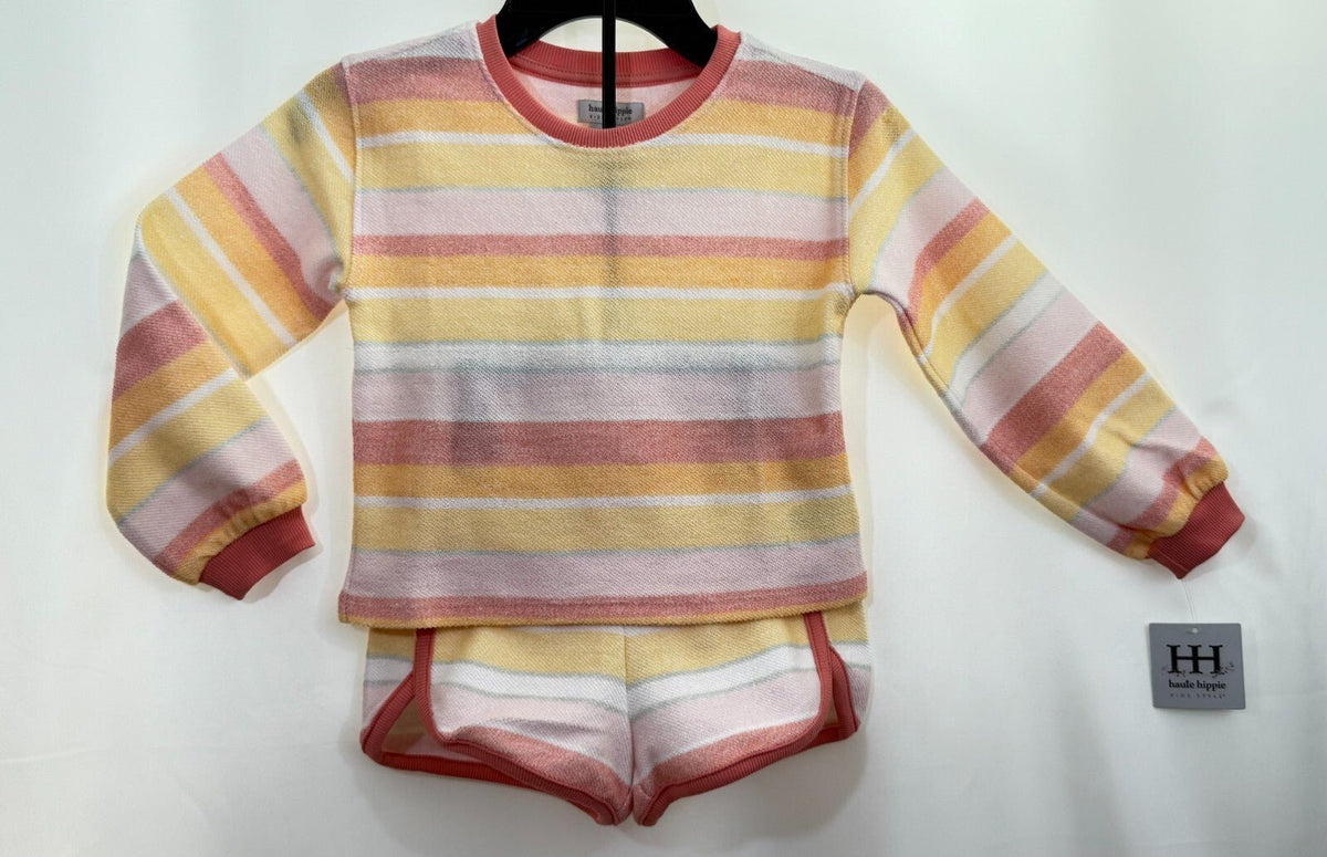 Little Girls Striped Reverse French Terry Sweatshirt and Shorts Set, with Bag. - SkyWaves