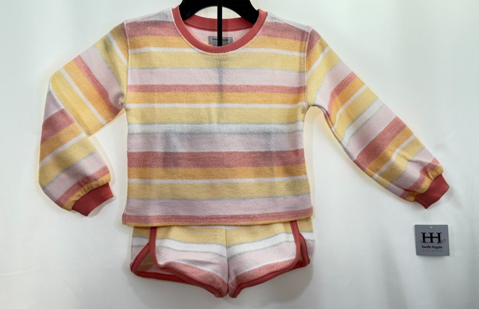 Little Girls Striped Reverse French Terry Sweatshirt and Shorts Set, with Bag. - SkyWaves