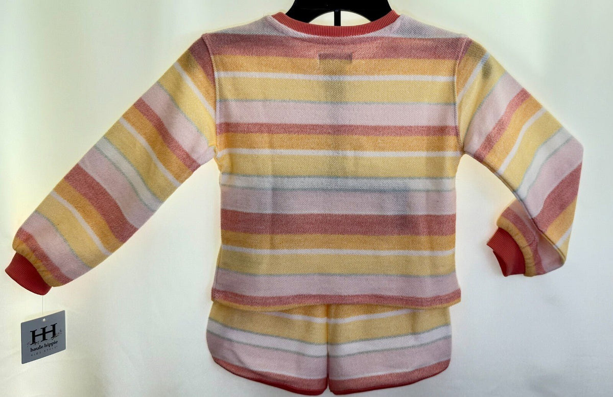 Little Girls Striped Reverse French Terry Sweatshirt and Shorts Set, with Bag. - SkyWaves