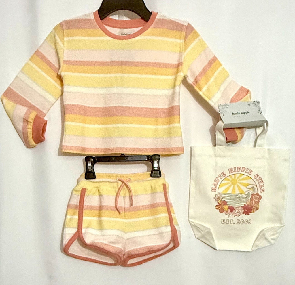 Little Girls Striped Reverse French Terry Sweatshirt and Shorts Set, with Bag. - SkyWaves