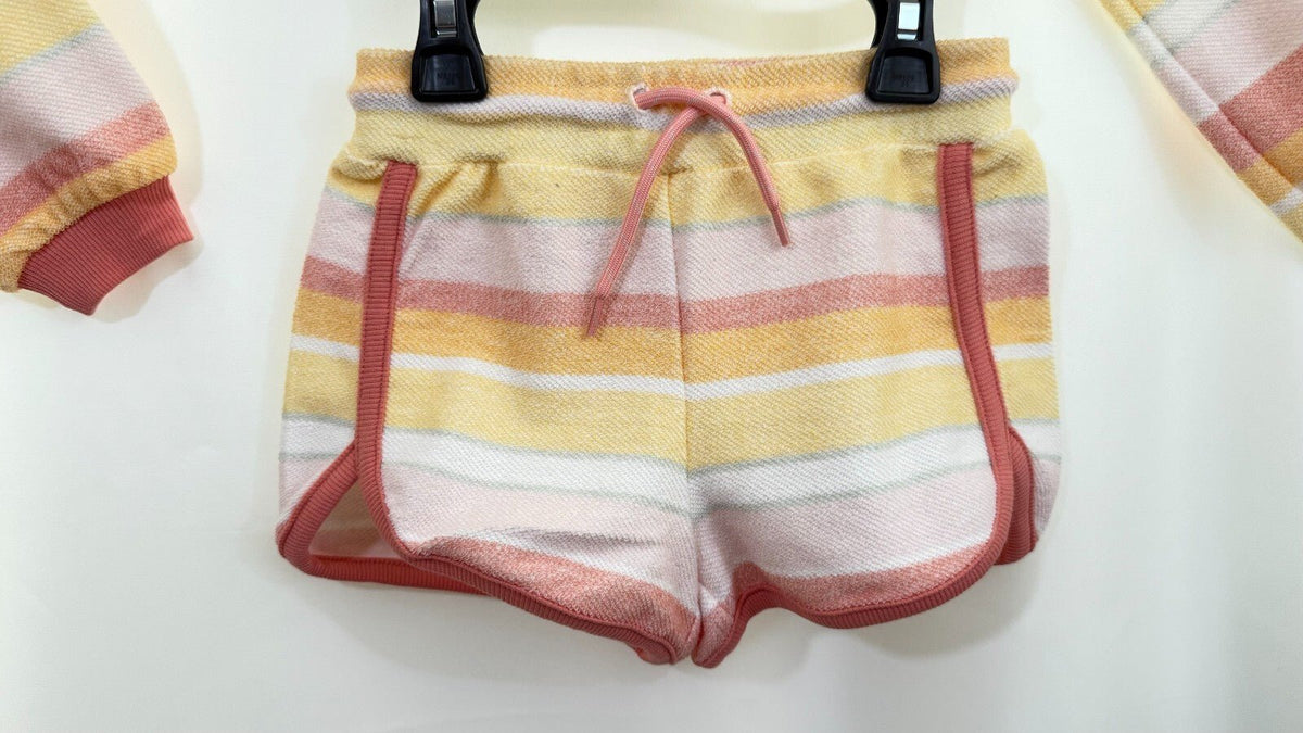 Little Girls Striped Reverse French Terry Sweatshirt and Shorts Set, with Bag. - SkyWaves