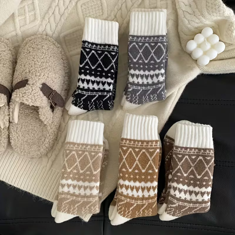 SkyWaves Women's Thermal Ethnic Rhombus Pattern Winter Socks – Cozy Fluffy Mid-Calf | 5-Pack